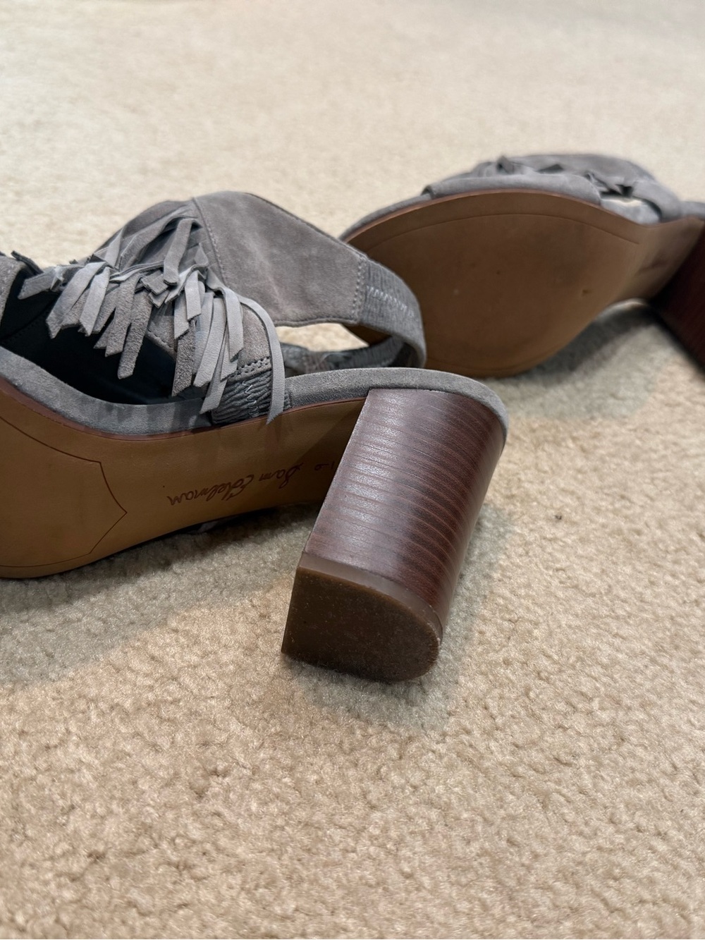 Sam Edelman Gray Suede Fringe Block Heel Sandals with Stacked Heel - Picture 2 of 5